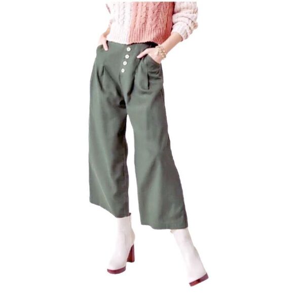 Blue Rain Army Green size S linen blend wide leg capris - Picture 1 of 6